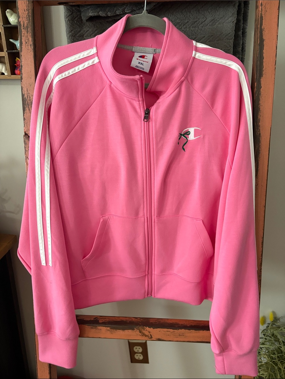 Champion Women’s Bright Pink Zip-Front Track Jacket with White Stripes - Picture 1 of 3